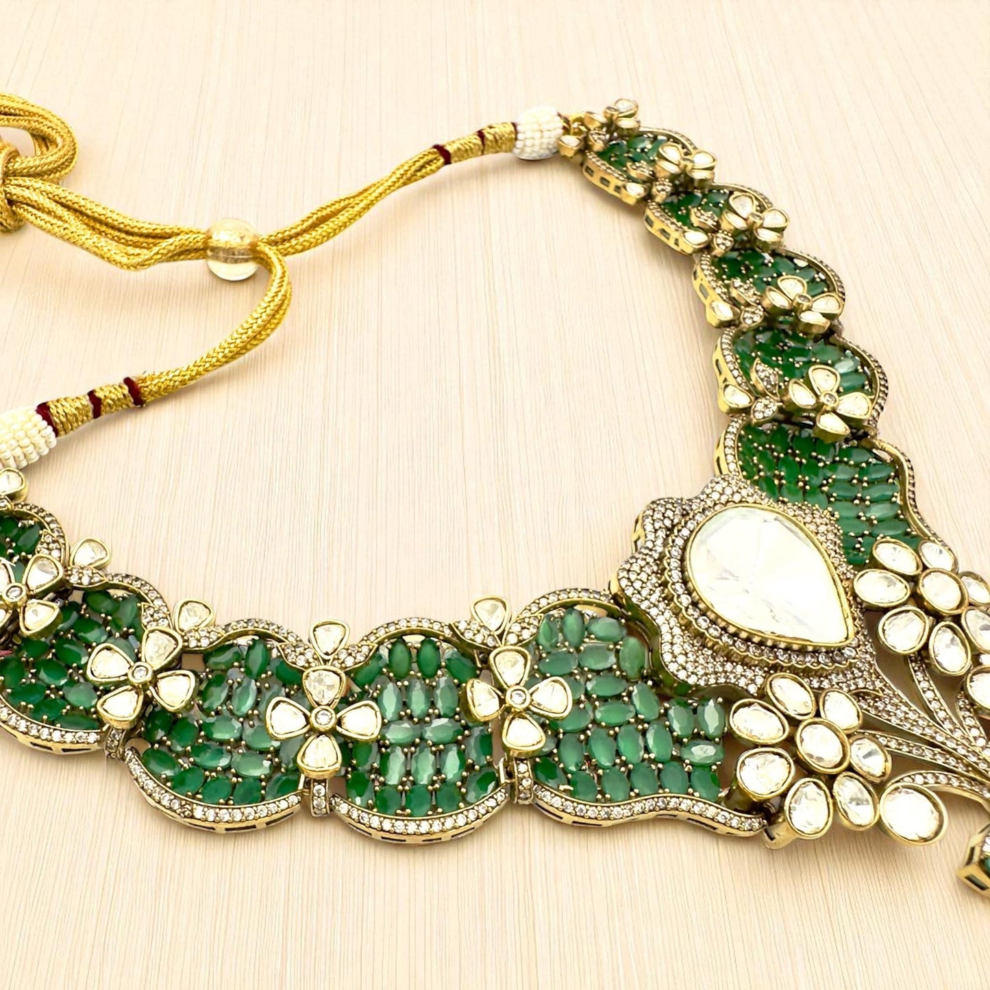 Bollywood heritage designer ethnic Indian Emerland green set, Ruby with ad /kundan stone.