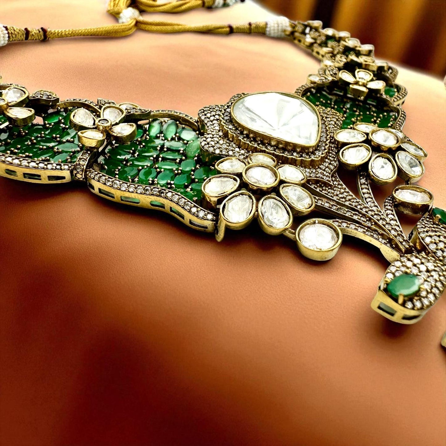 Bollywood heritage designer ethnic Indian Emerland green set, Ruby with ad /kundan stone.