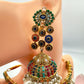 Gold-Plated Indian Jhumka Necklace Earring Set, Multicolor Stones & Pearls