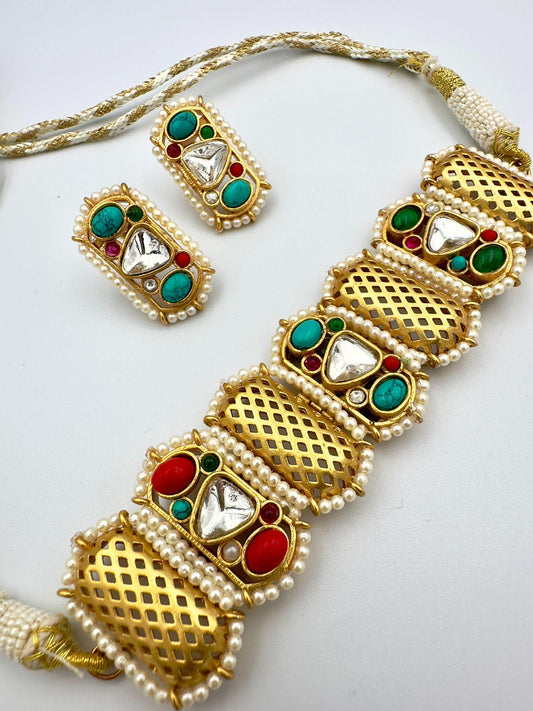 Traditional Indian designer fusion Necklace Set with Earrings - Gold Tone Jewelry for Women