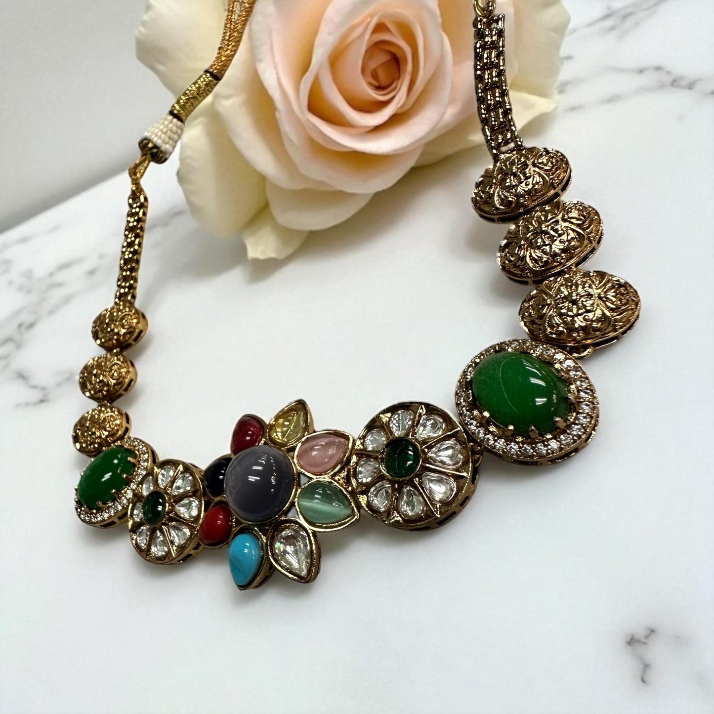Exquisite fusion Necklace set designer Multicolor Stones and Pearls - Traditional Indian Jewelry