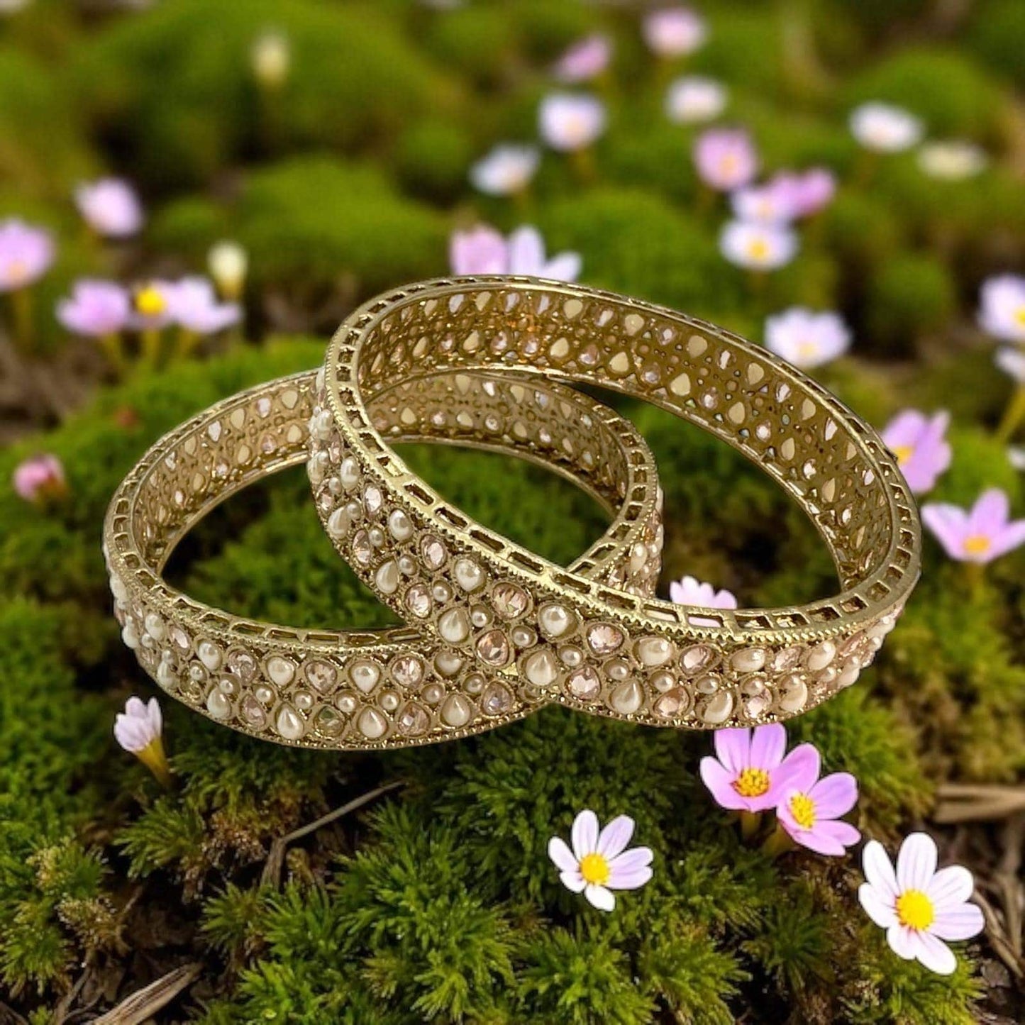 Elegant Gold Kundan Bangles with Pearl Stones - Traditional Indian Jewelry for Women