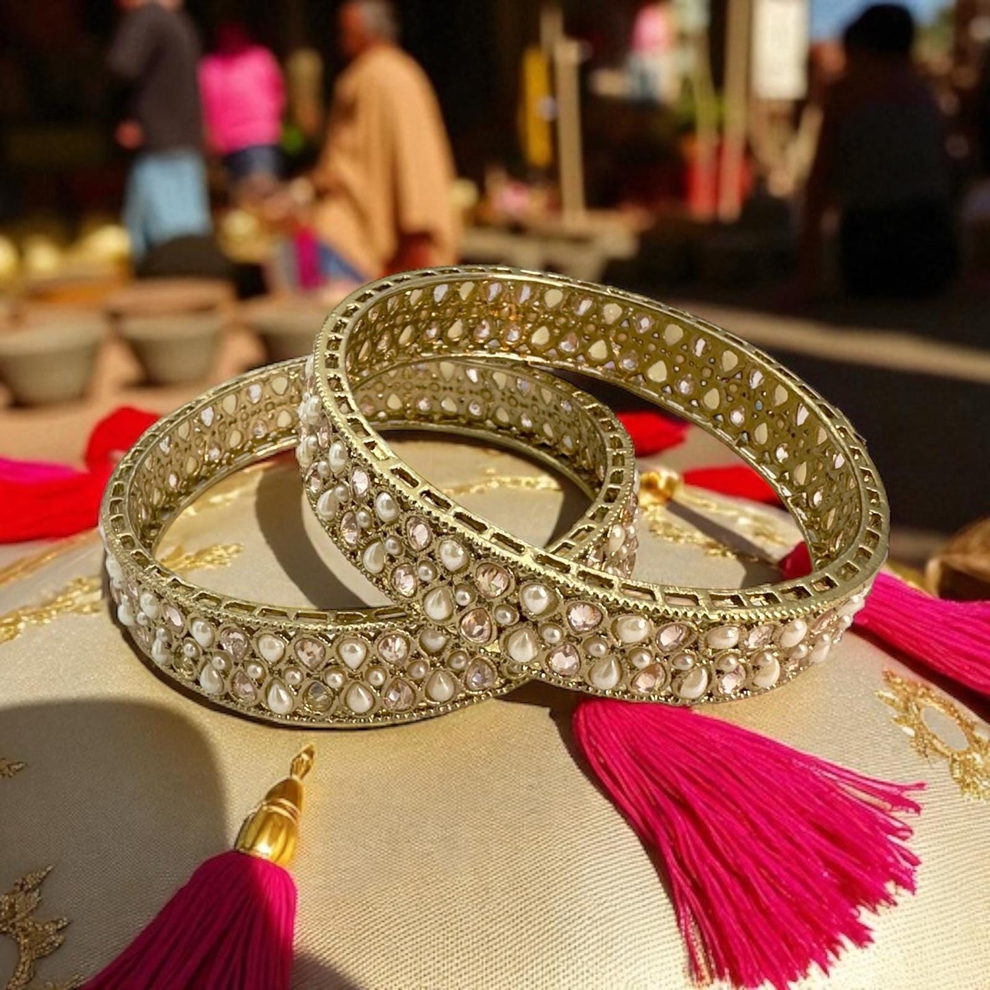 Elegant Gold Kundan Bangles with Pearl Stones - Traditional Indian Jewelry for Women