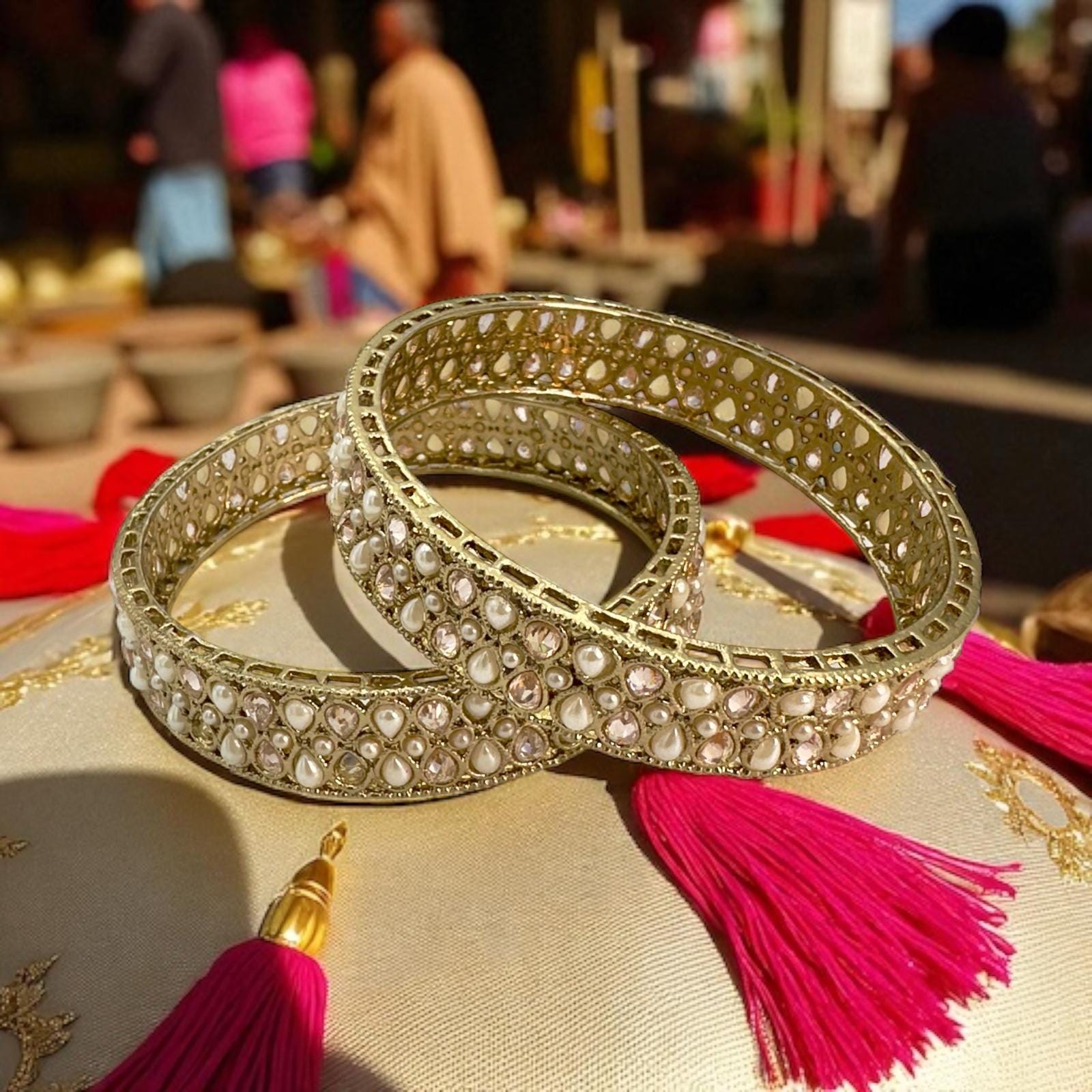 Elegant Gold Kundan Bangles with Pearl Stones - Traditional Indian Jewelry for Women