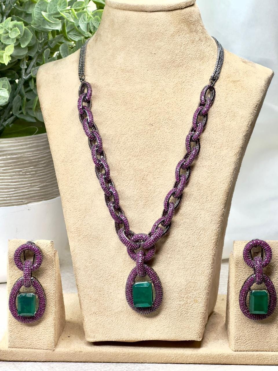 Emerald & Pink Sapphire Necklace with Earring Set - Silver Tone