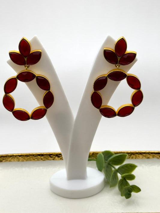 Red Ruby Flower Drop Earrings – Gold Tone Statement Jewelry