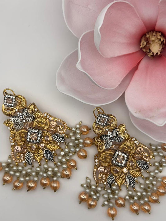 Gold Kundan Earrings with Pearl and Bead Drops - Traditional Pakistani Jewelry