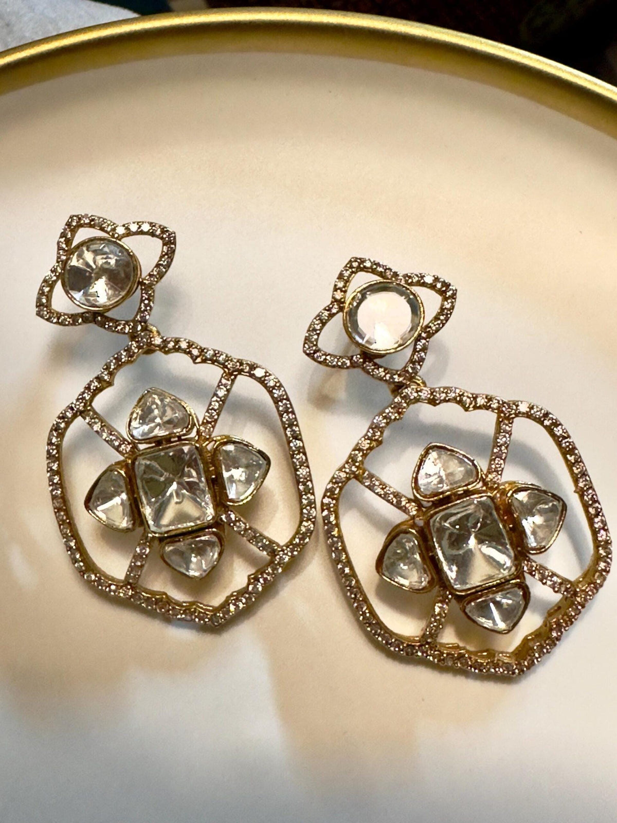 Bollywood Indian Designer monzonite medium length statement earrings gold finish,Victorian,Ad stones