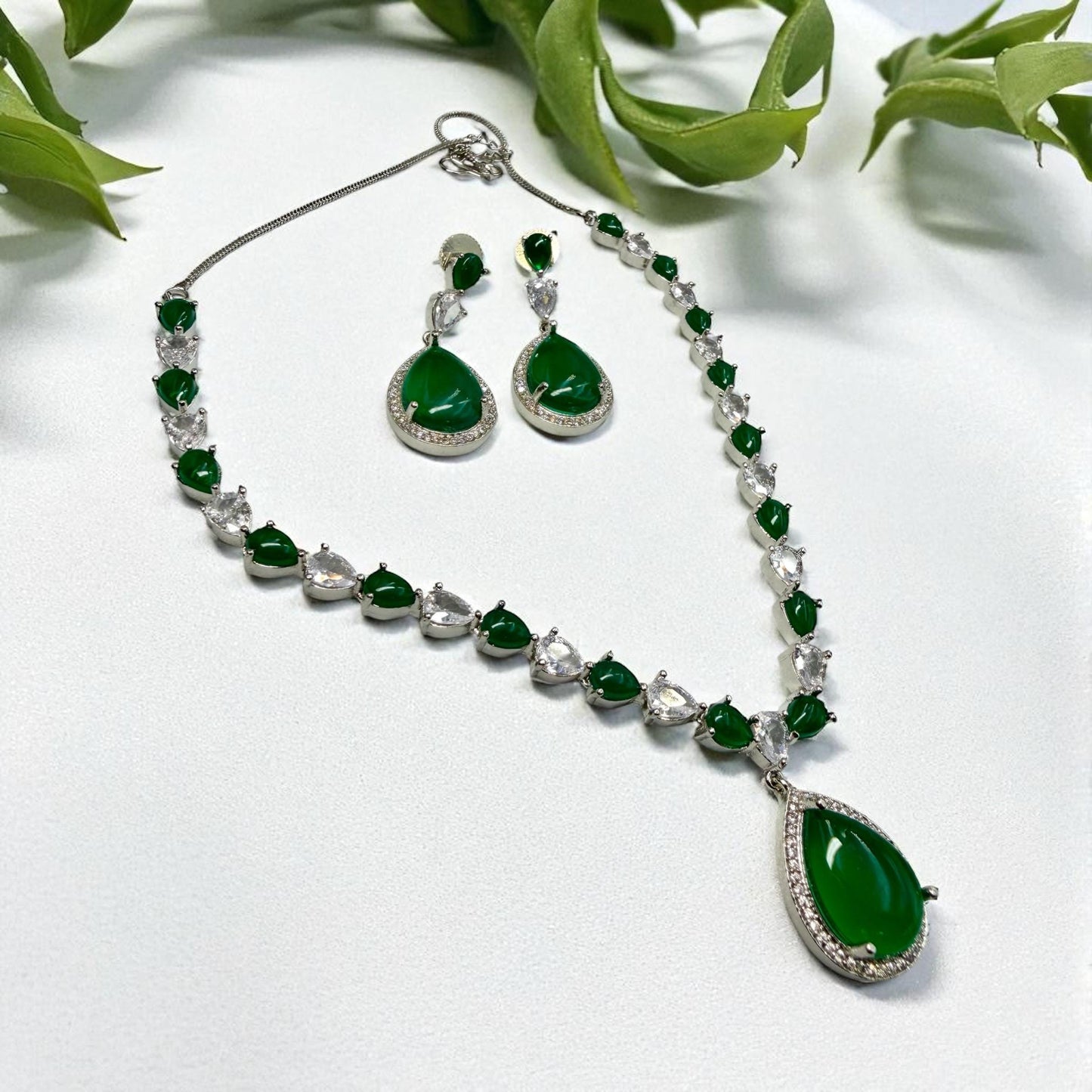 Emerald Green Cubic Zirconia Necklace and Earrings Set