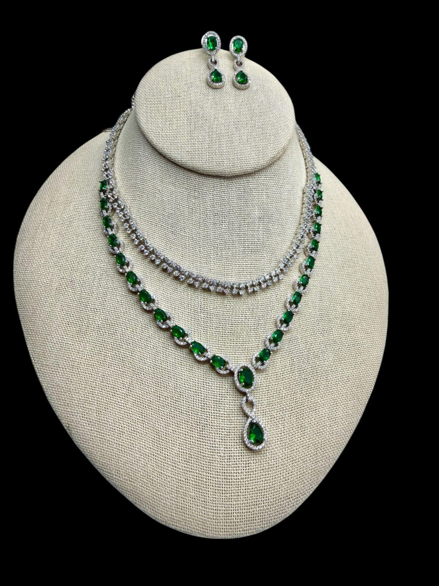 Emerald Green CZ Necklace Set – Rhodium Finish, Bollywood Style