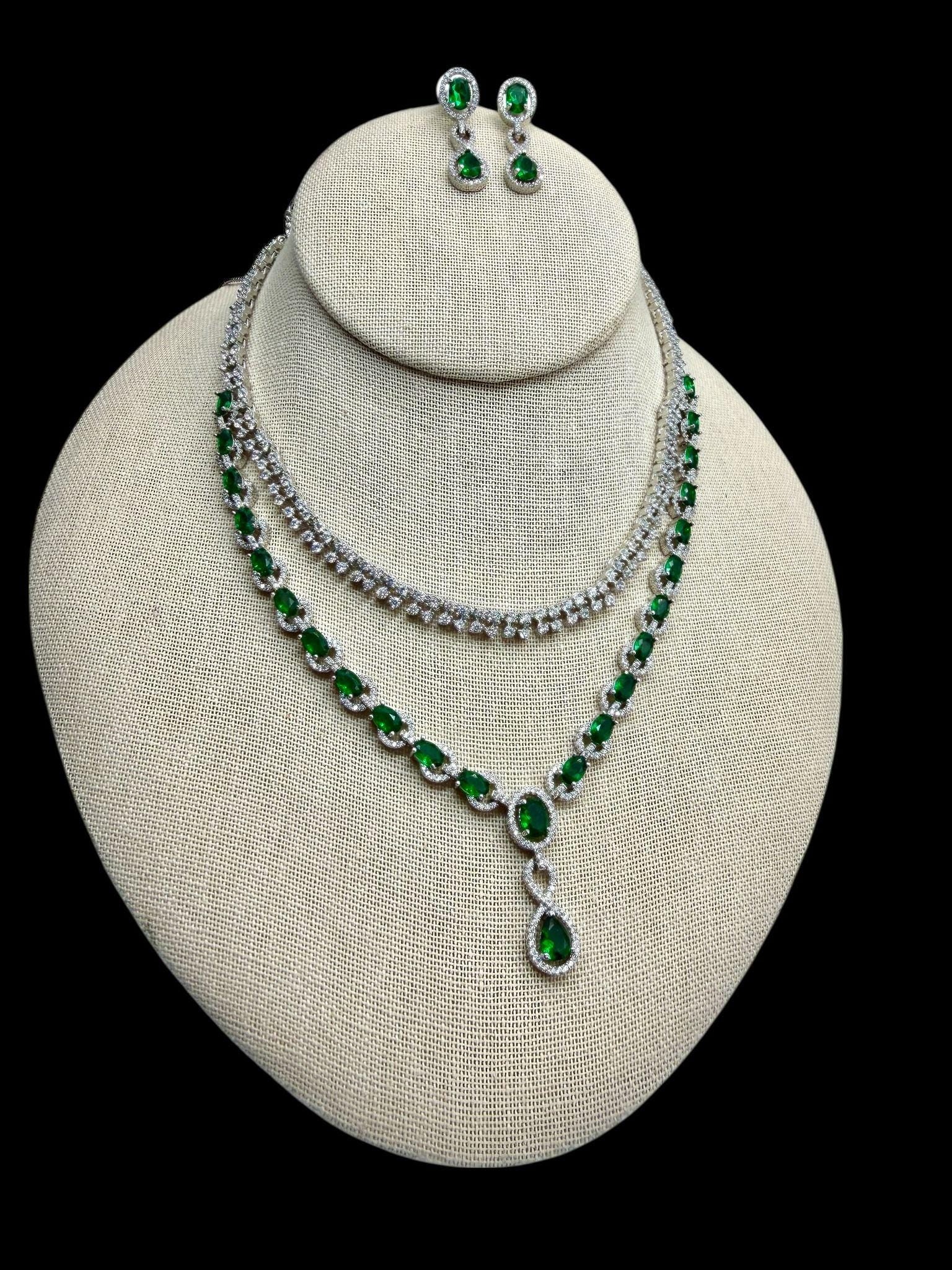 Emerald Green CZ Necklace Set – Rhodium Finish, Bollywood Style