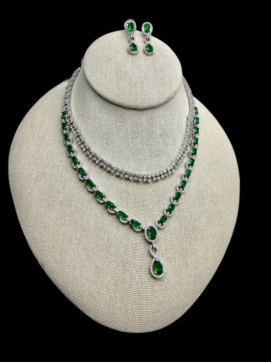 Emerald Green CZ Necklace Set – Rhodium Finish, Bollywood Style