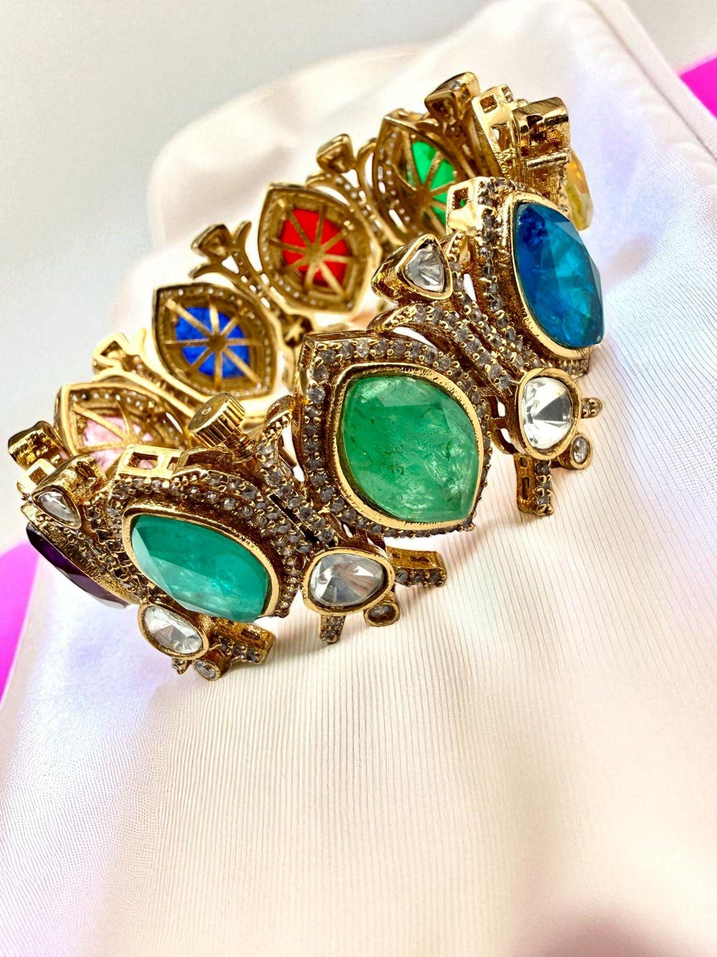 Designer Bollywood Kada Gold Plated Jewelry | Colorful Gemstones Bangle