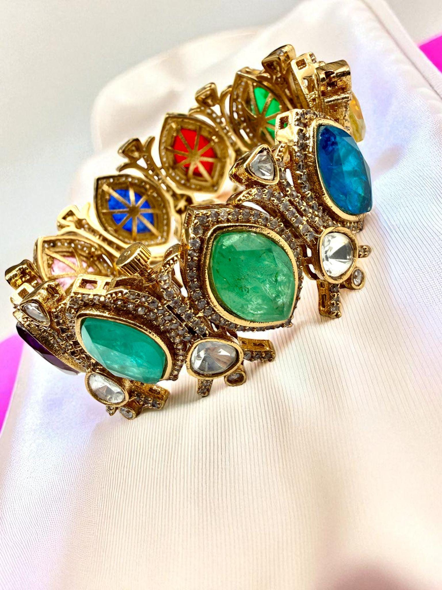 Designer Bollywood Kada Gold Plated Jewelry | Colorful Gemstones Bangle