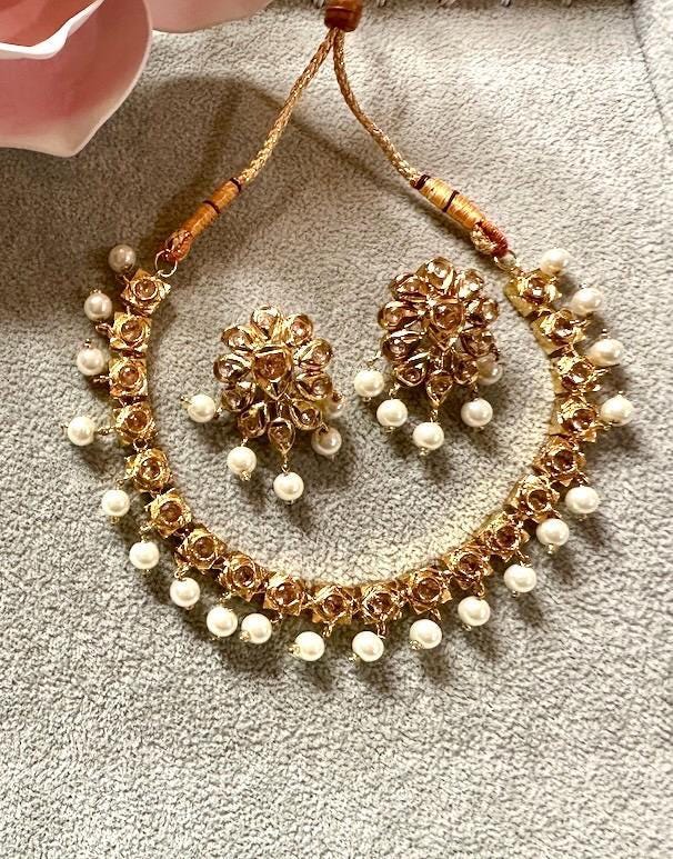 Bollywood indian pearl kundan necklace set choice of pearl or ruby color