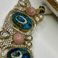 Bollywood Kundan Necklace Earring Set, Blue Marble, Gold Plated