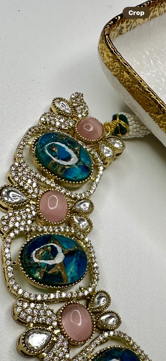 Bollywood Kundan Necklace Earring Set, Blue Marble, Gold Plated