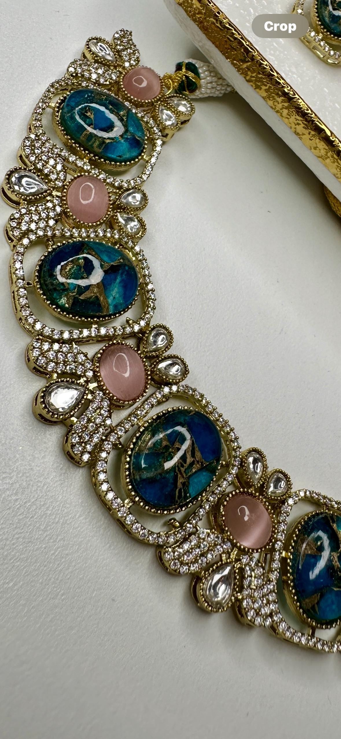 Bollywood Kundan Necklace Earring Set, Blue Marble, Gold Plated