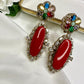 Red Oval Stone Flower Earrings with Multicolor Gemstones - Gold Tone Dangle Earrings