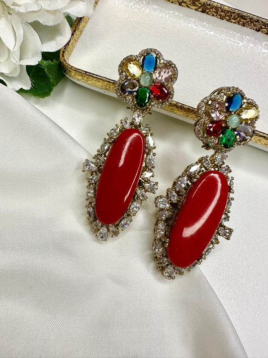Red Oval Stone Flower Earrings with Multicolor Gemstones - Gold Tone Dangle Earrings