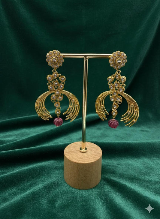 Gold Kundan Jhumka Earrings with CZ & Red Bead