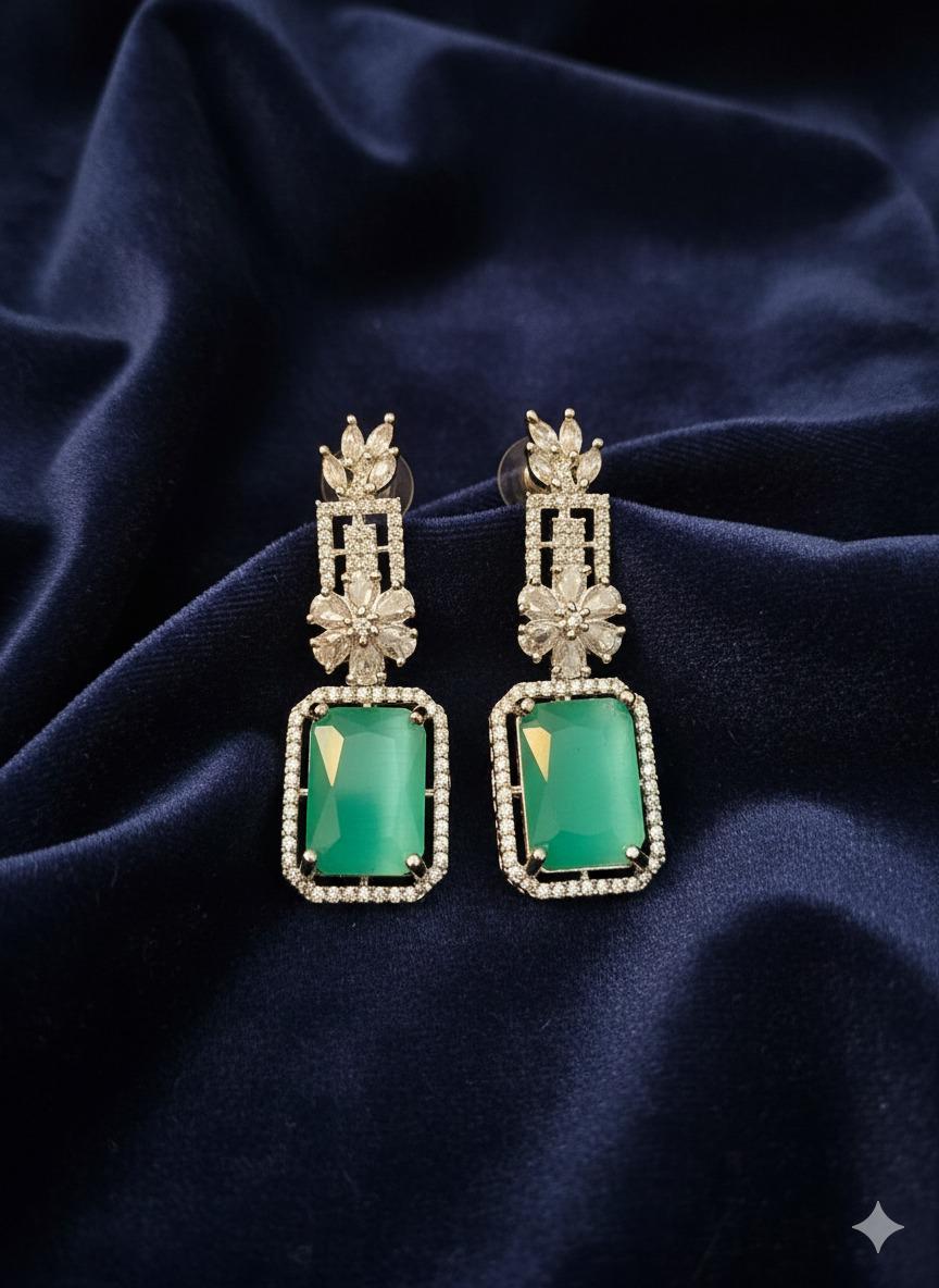 Mint Green Dangle Earrings, Silver Tone & AD Stone Accents