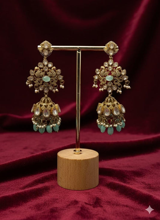 Breathtaking Luxury high end statement Gold-plated Jhumka Earrings with Mint,with cubic Zarconia Stones