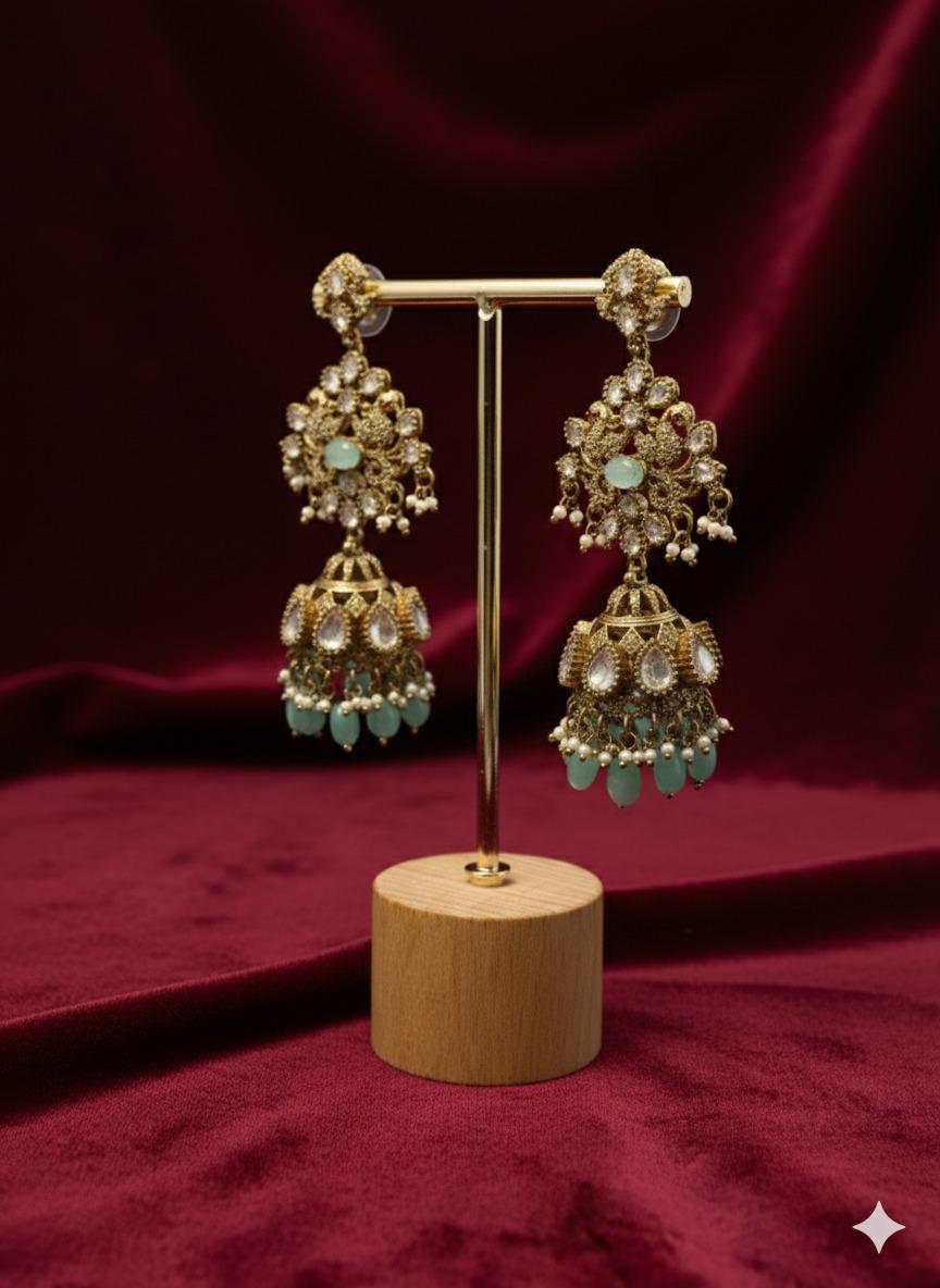 Breathtaking Luxury high end statement Gold-plated Jhumka Earrings with Mint,with cubic Zarconia Stones
