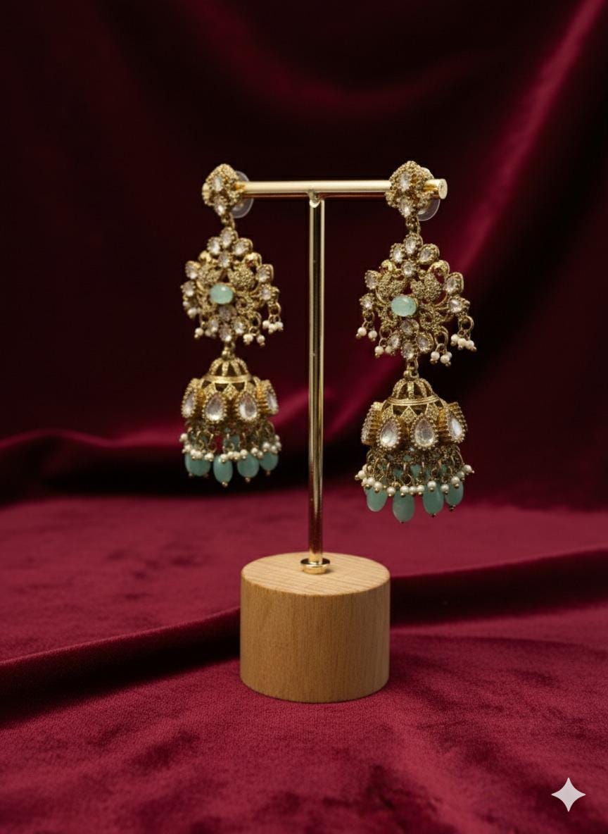 Breathtaking Luxury high end statement Gold-plated Jhumka Earrings with Mint,with cubic Zarconia Stones