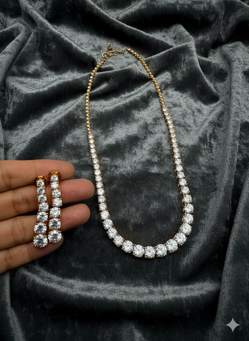 Sparkling Gold-Toned Ad/ Cz stones Necklace & Earrings Set for Elegant Evening Wear
