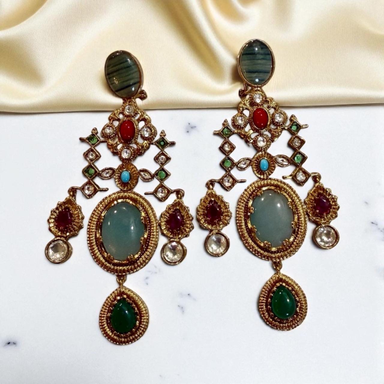 Bollywood Indian Designer Earrings with doublet stone gold plated,Victorian statement piece