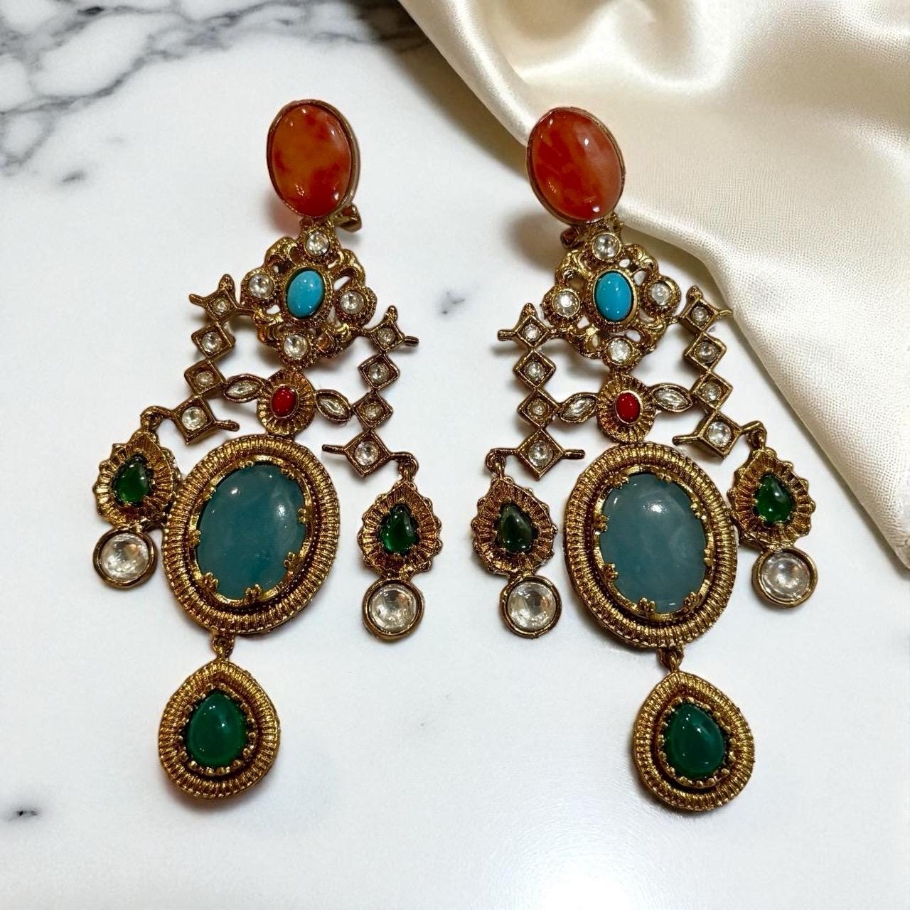 Bollywood Indian Designer Earrings with doublet stone gold plated,Victorian statement piece