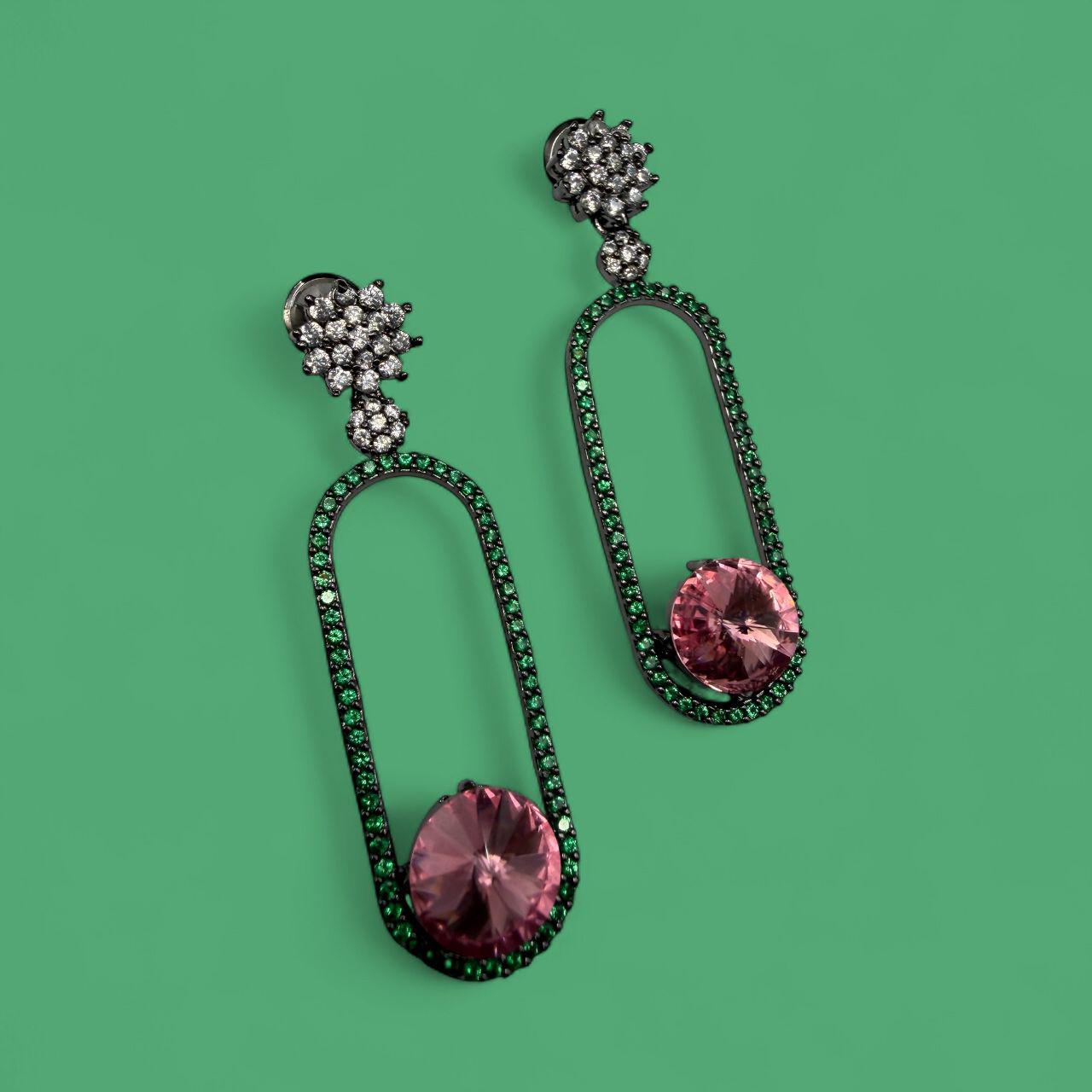 Swarovski Stone Light Weight Green Border Pink Earrings