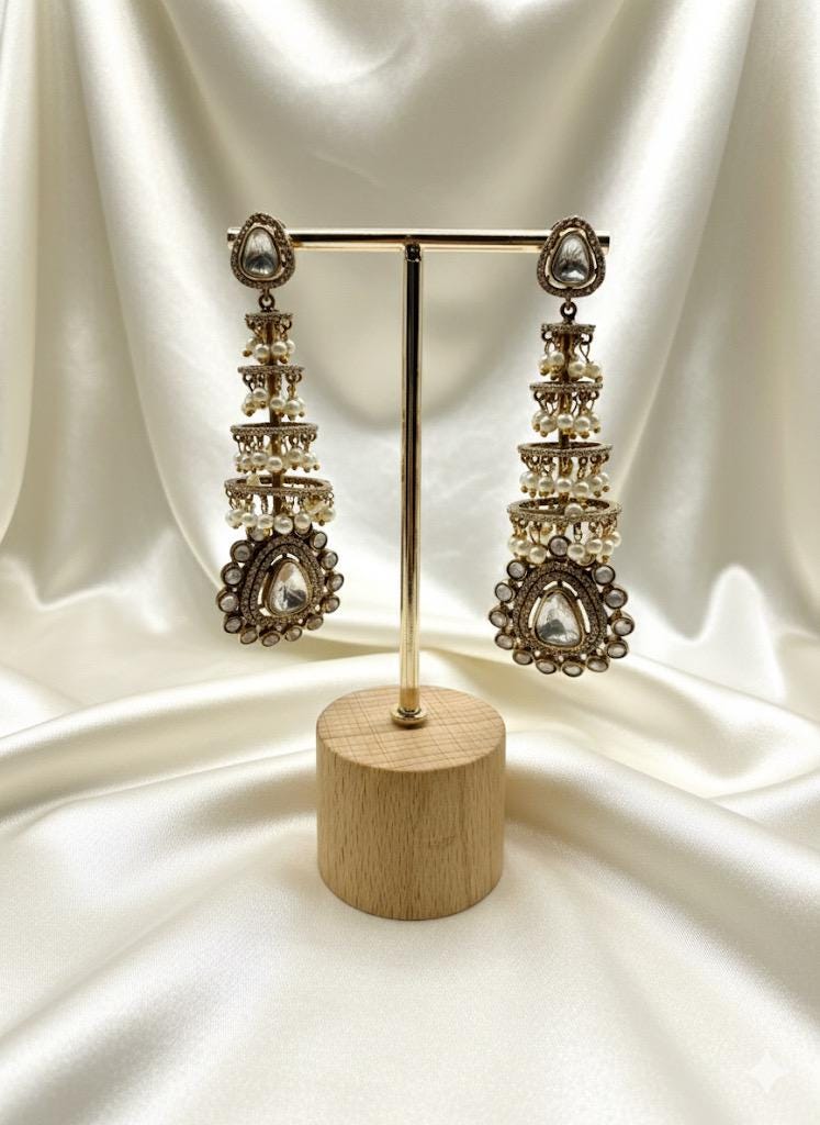 Jhumki Earrings | Traditional Indian Jewelry | Pearl & Kundan statement high end antique gold plated