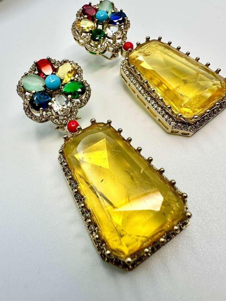 Bollywood Citrine Statement Earrings – Multicolor Gemstone Flower, Ethnic Jewelry