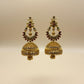 Traditional Gold-Tone Jhumka Earrings with Red & Green Ad Stones