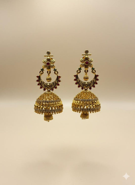 Traditional Gold-Tone Jhumka Earrings with Red & Green Ad Stones
