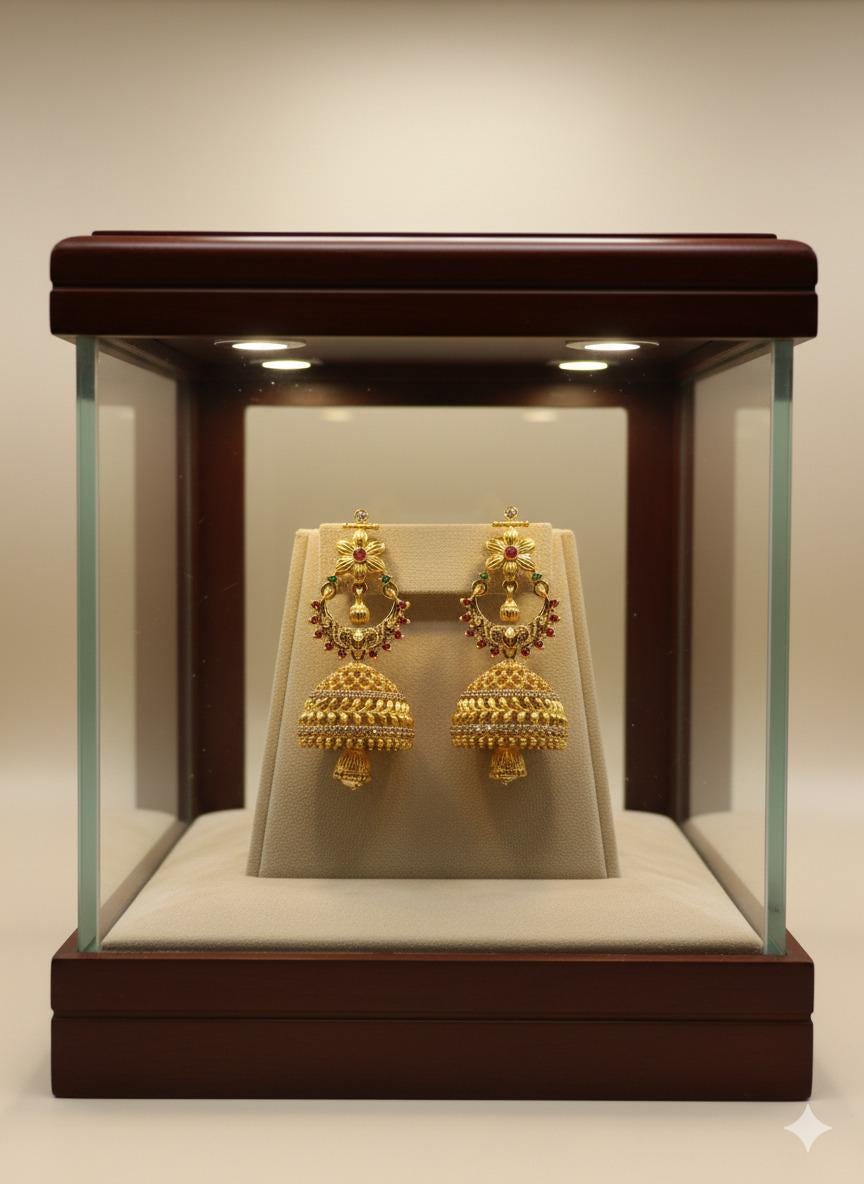 Traditional Gold-Tone Jhumka Earrings with Red & Green Ad Stones
