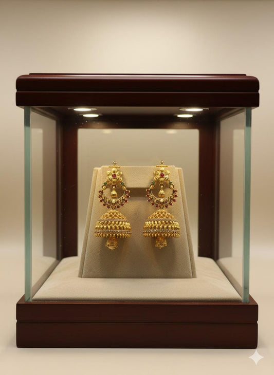 Traditional Gold-Tone Jhumka Earrings with Red & Green Ad Stones