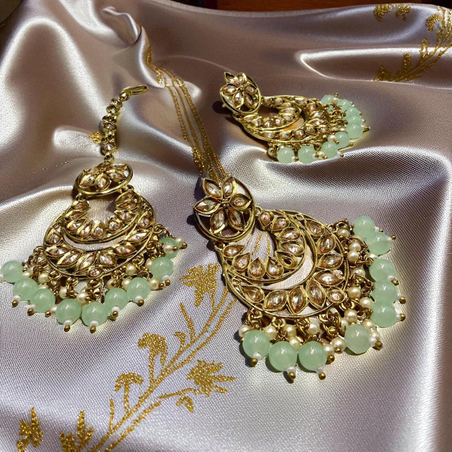Kundan Jhumkas with Matching Mang Tika | Traditional mint green