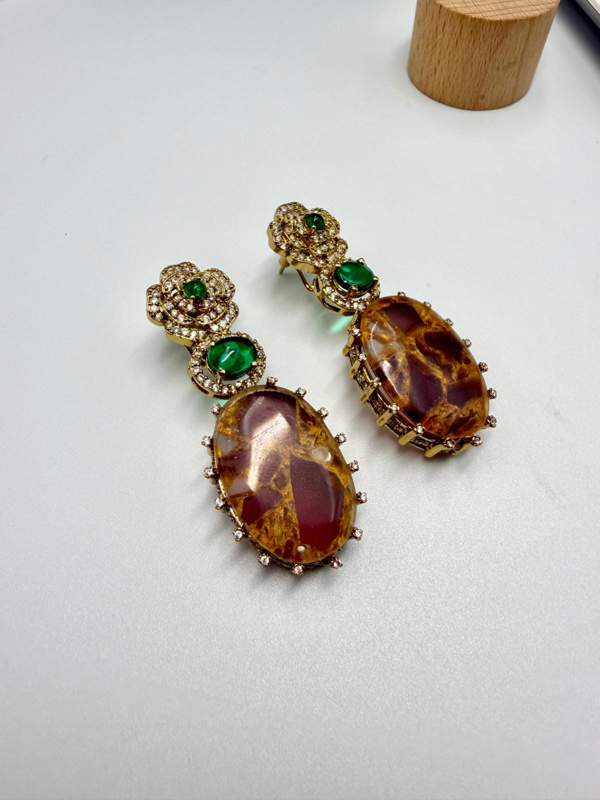Gold-Tone Earrings with Amber & emerald green Stones | Elegant Statement Jewelry