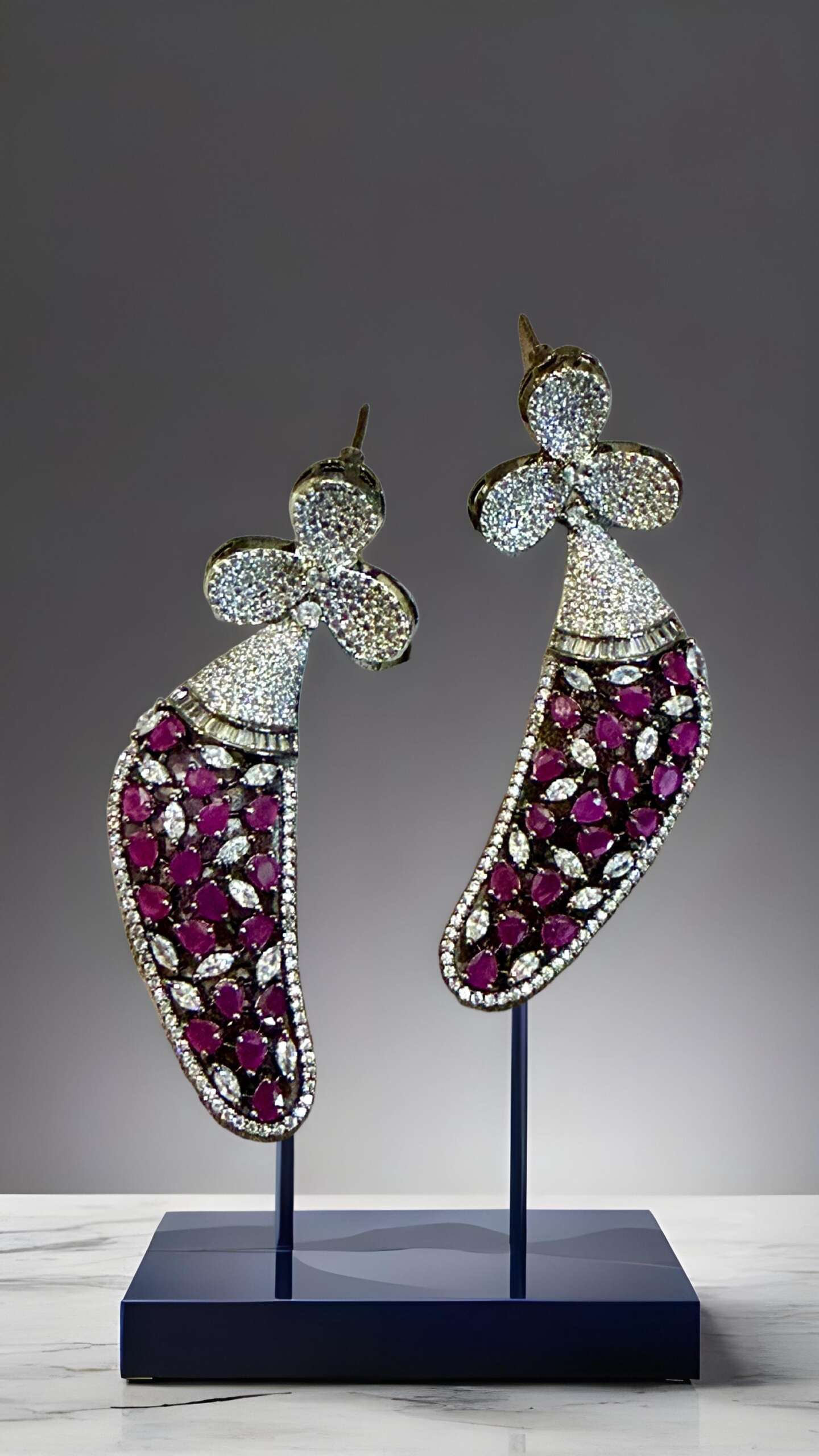 Ruby & Diamond Stones Designer Earrings | rhodium Plated Floral /CZ Stone.