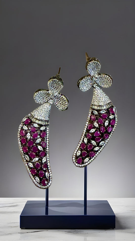 Ruby & Diamond Stones Designer Earrings | rhodium Plated Floral /CZ Stone.