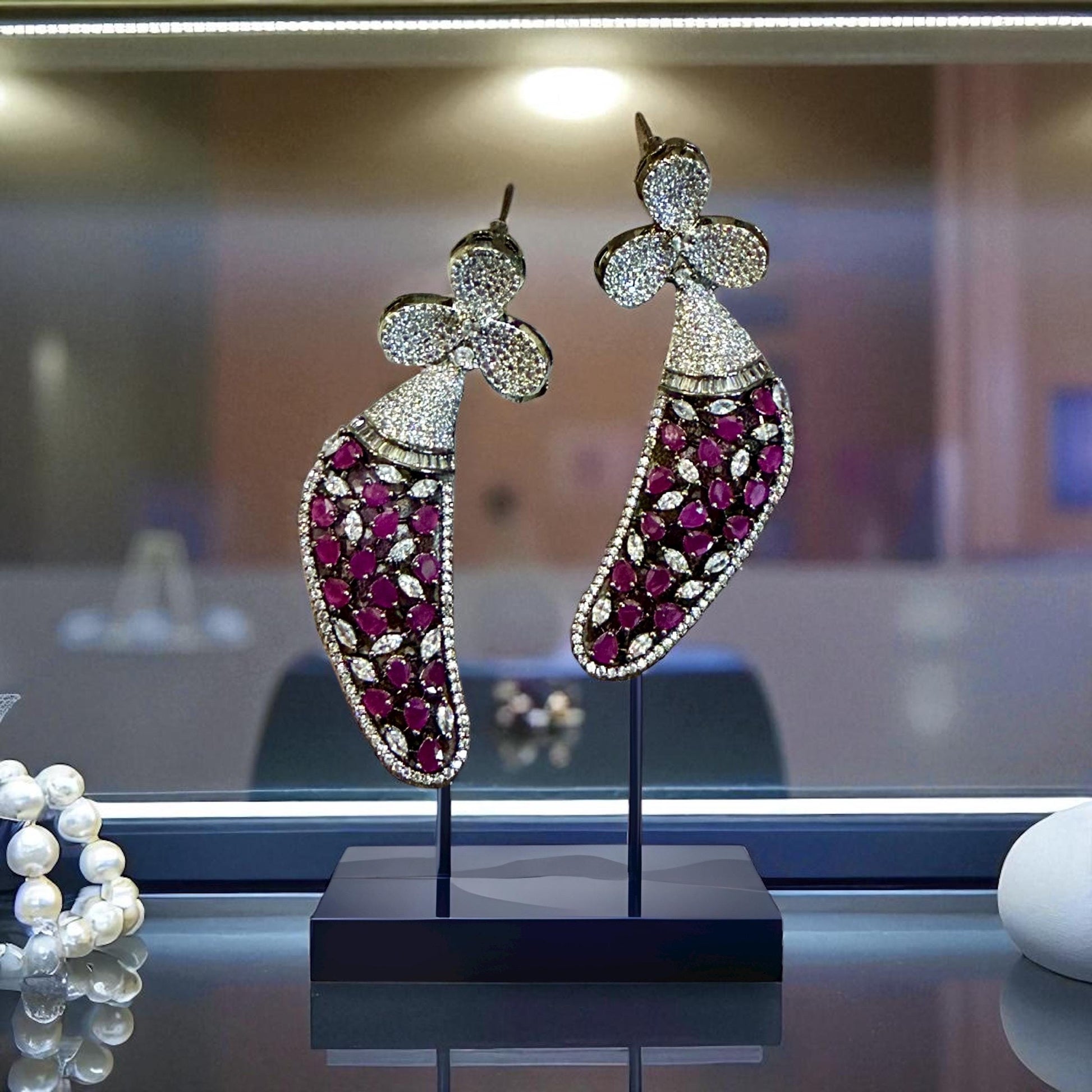 Ruby & Diamond Stones Designer Earrings | rhodium Plated Floral /CZ Stone.