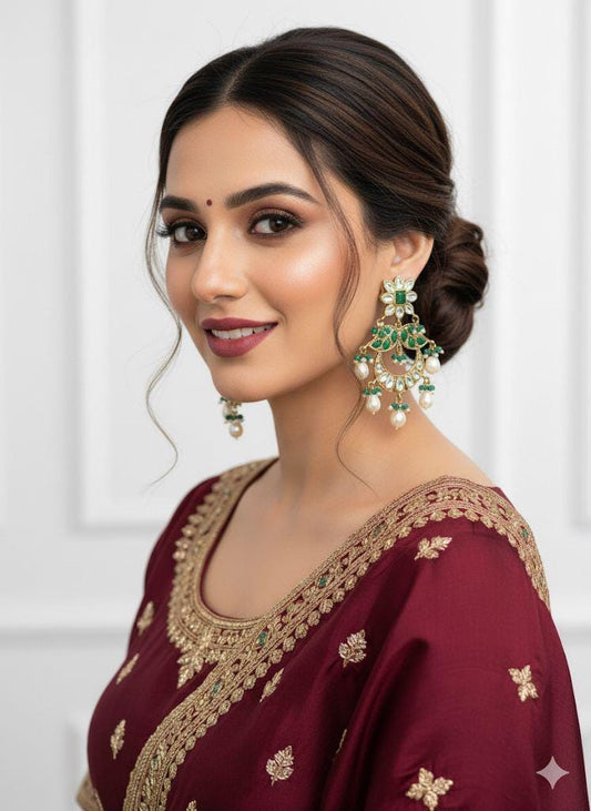 Emerald Green Kundan Chandbali Earrings | Indian Bridal Jewelry
