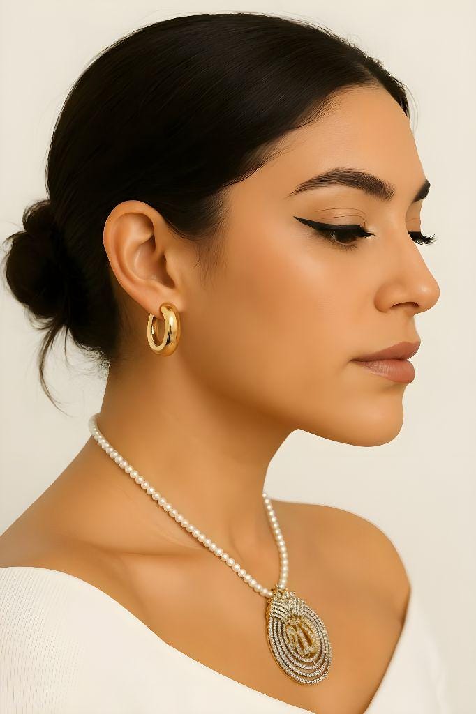 Allah Pendant with Pearl Chain | Gold-Tone cubic zarconia Jewelry