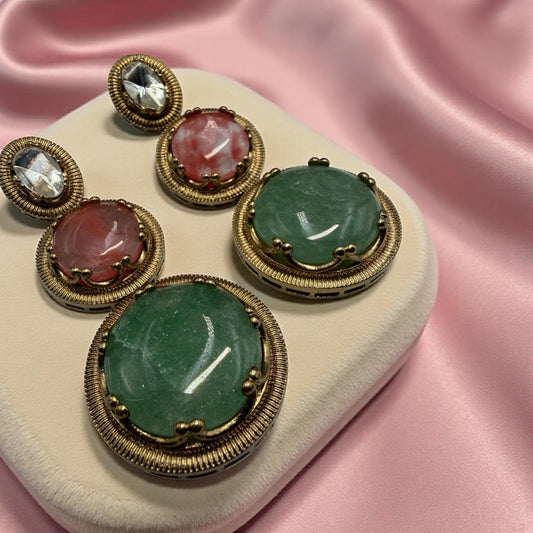 Gold-Tone mint  & Pink with kundan Stone Statement Earrings | Elegant Party bold  Jewelry