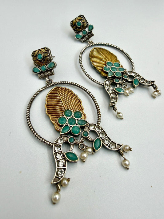 Boho Silver Leaf Earrings | Turquoise & Pearl Dangle Earrings | Vintage Oxidized Jewelry | Handmade Ethnic Statement Earrings for Women