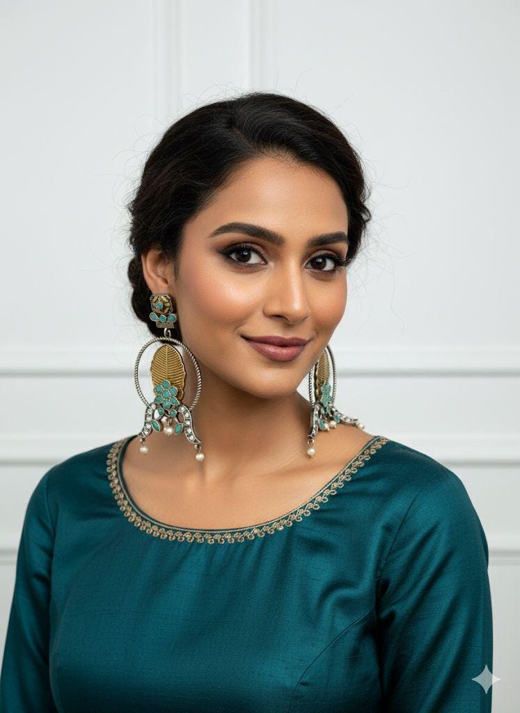 Boho Silver Leaf Earrings | Turquoise & Pearl Dangle Earrings | Vintage Oxidized Jewelry | Handmade Ethnic Statement Earrings for Women