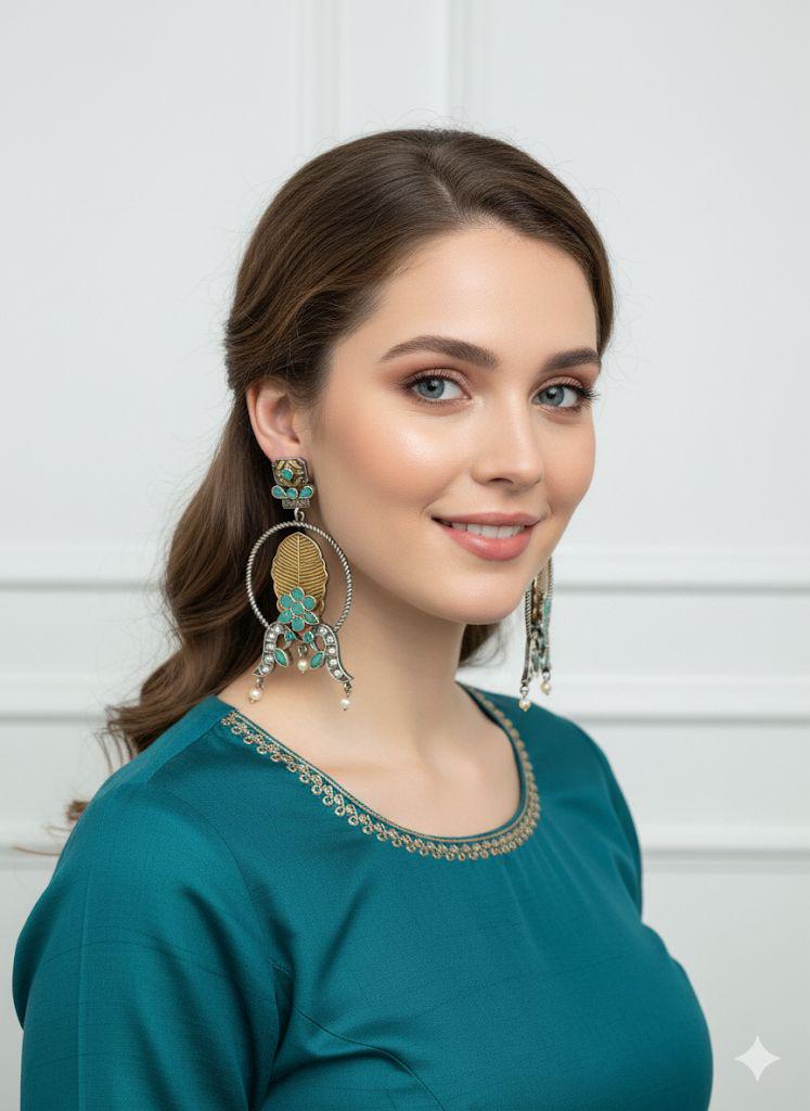 Boho Silver Leaf Earrings | Turquoise & Pearl Dangle Earrings | Vintage Oxidized Jewelry | Handmade Ethnic Statement Earrings for Women